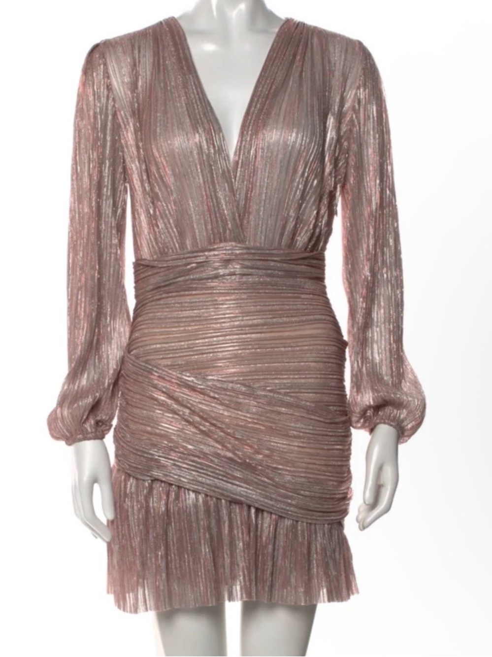 Maje Metallic Rose Long-Sleeve Pleated V-Neck Dress